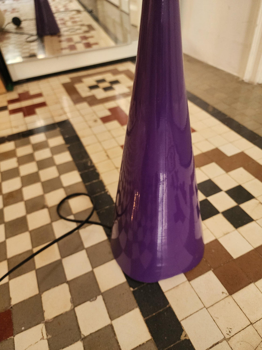 Mathias Purple Floor Lamp, Vintage Lacquered Metal Torchiere, 1970s Sculptural Cone Lamp, MCM Lighting