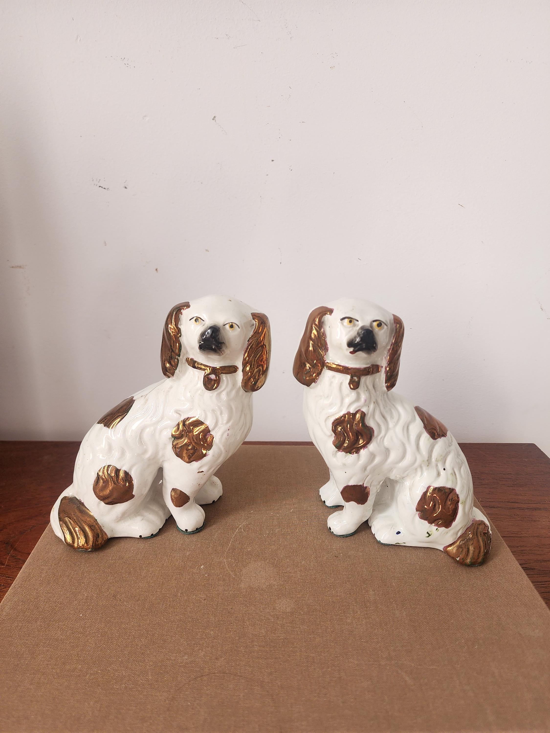 Vintage Staffordshire Spaniel Dog Figurines Pair, White Gold Ceramic Dogs, Staffordshire Style Dog Statues, Victorian Dog Decor