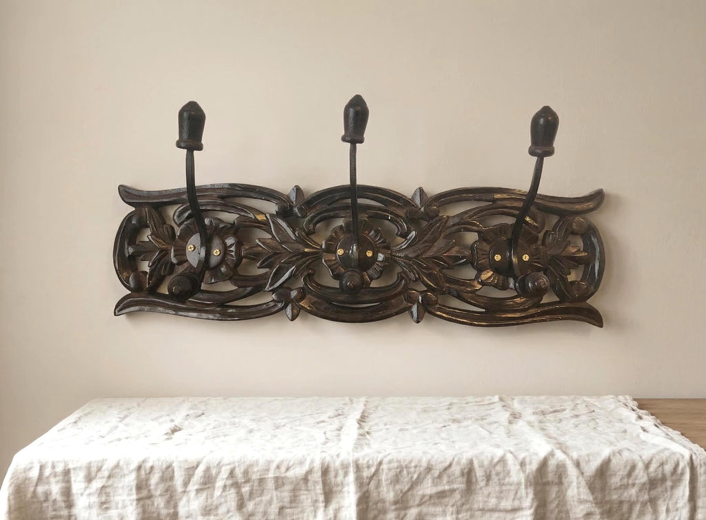 Vintage Carved Wood Wall Coat Rack With 3 Hooks