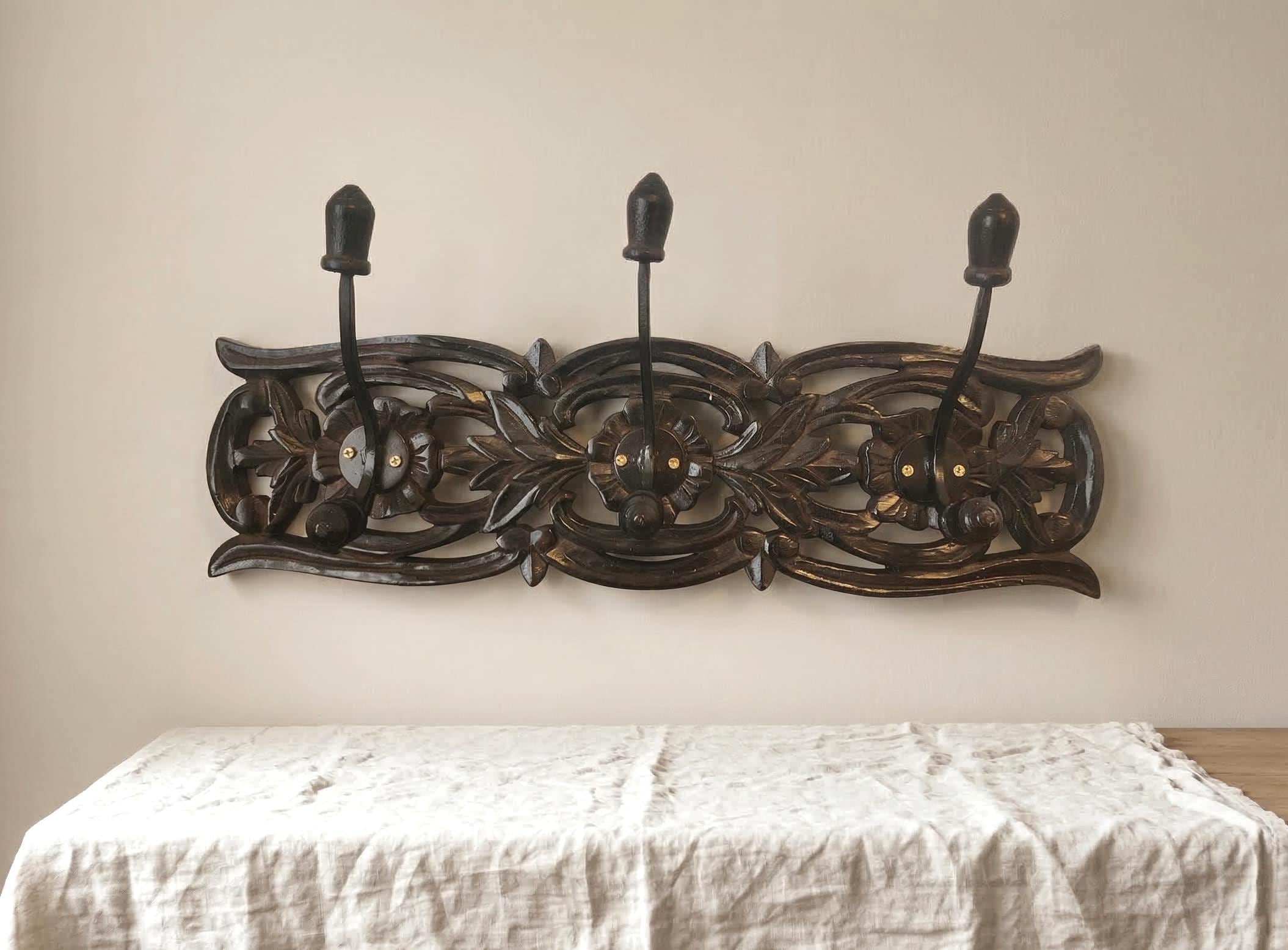 Vintage Carved Wood Wall Coat Rack With 3 Hooks