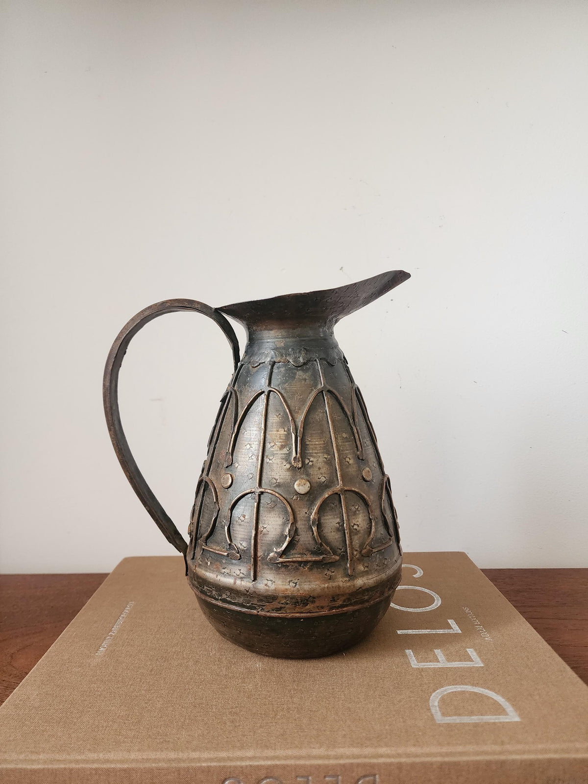 Vintage Hammered Metal Jug, Rustic Embossed Pitcher, Arts and Crafts Style Vase, Primitive Metal Decor
