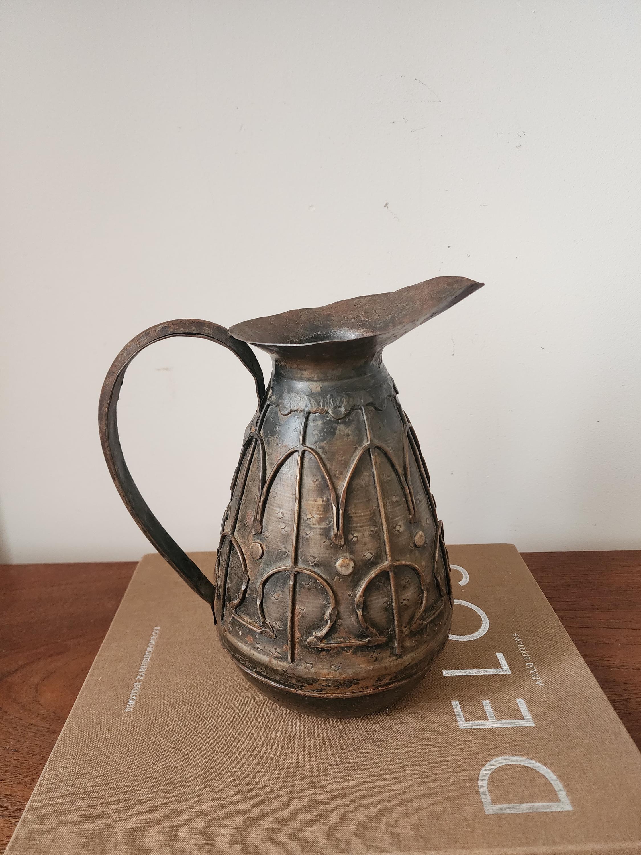 Vintage Hammered Metal Jug, Rustic Embossed Pitcher, Arts and Crafts Style Vase, Primitive Metal Decor