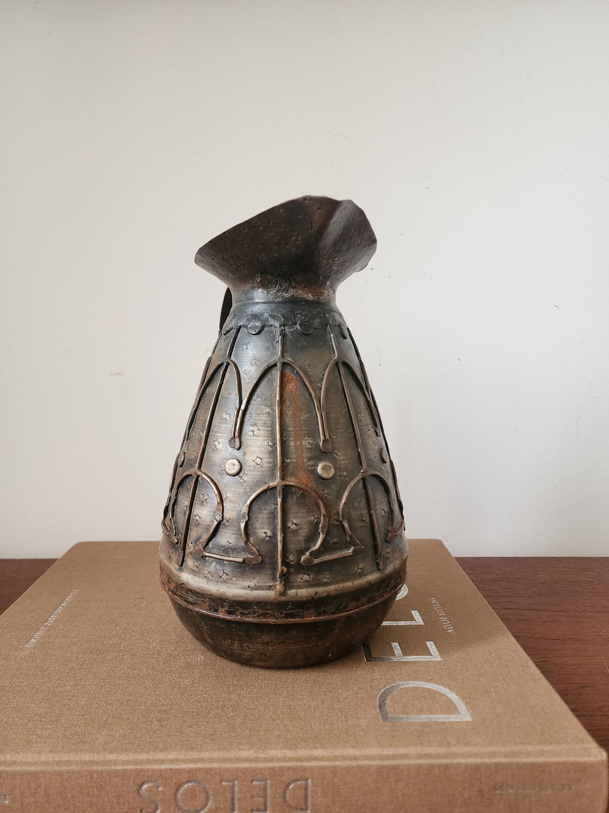 Vintage Hammered Metal Jug, Rustic Embossed Pitcher, Arts and Crafts Style Vase, Primitive Metal Decor