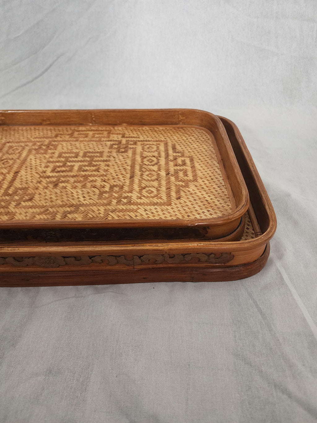 Vintage Bamboo Serving Tray Set of 2, Woven Rattan Rectangular Trays, Boho Entertaining Decor