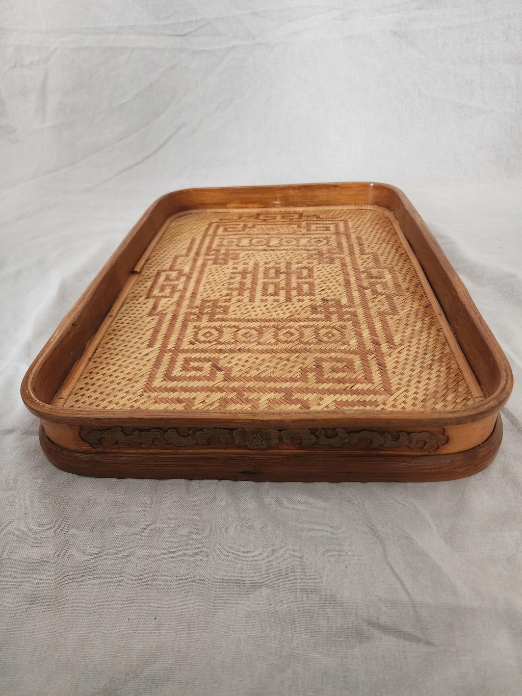 Vintage Bamboo Serving Tray Set of 2, Woven Rattan Rectangular Trays, Boho Entertaining Decor