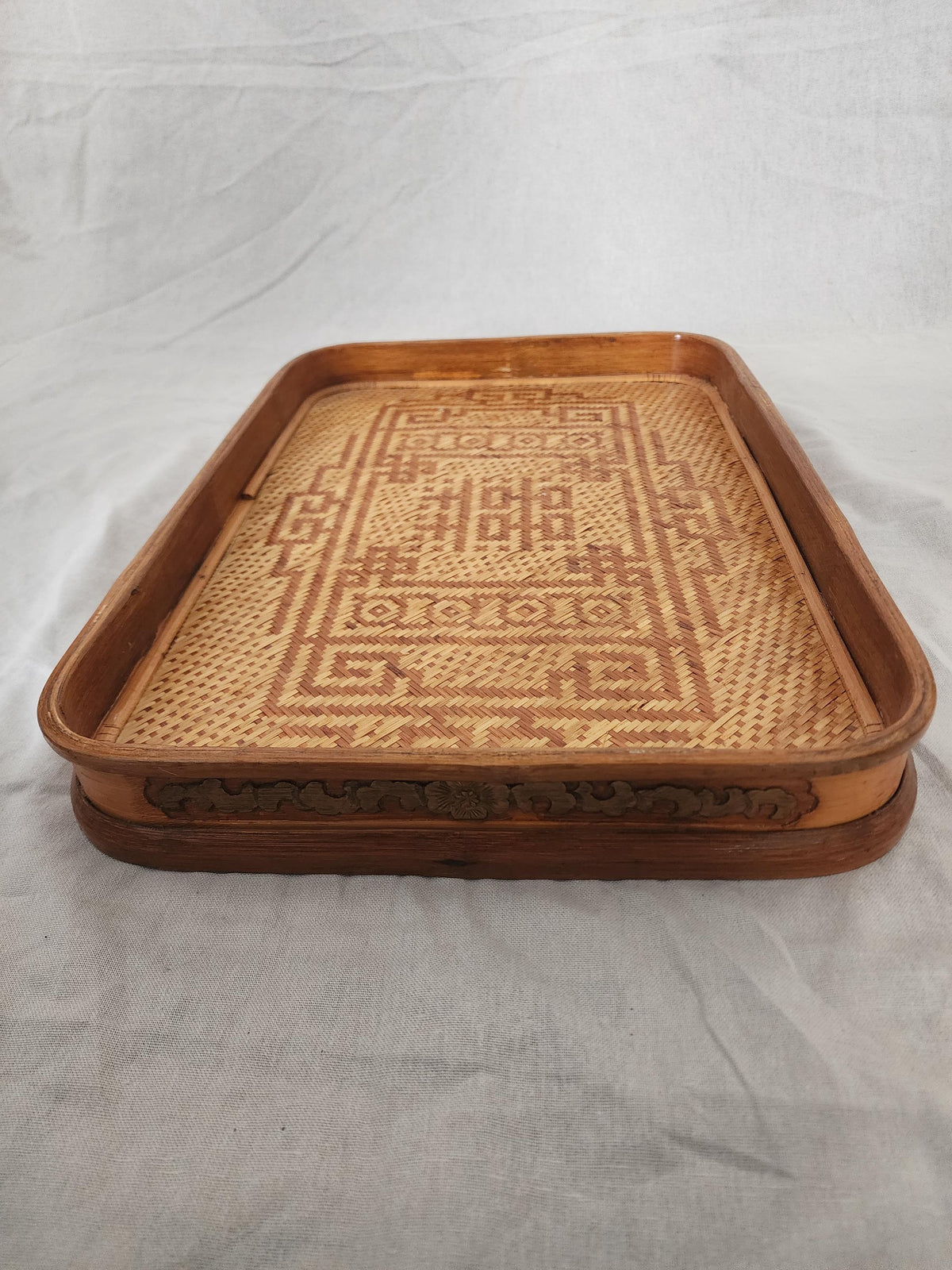 Vintage Bamboo Serving Tray Set of 2, Woven Rattan Rectangular Trays, Boho Entertaining Decor