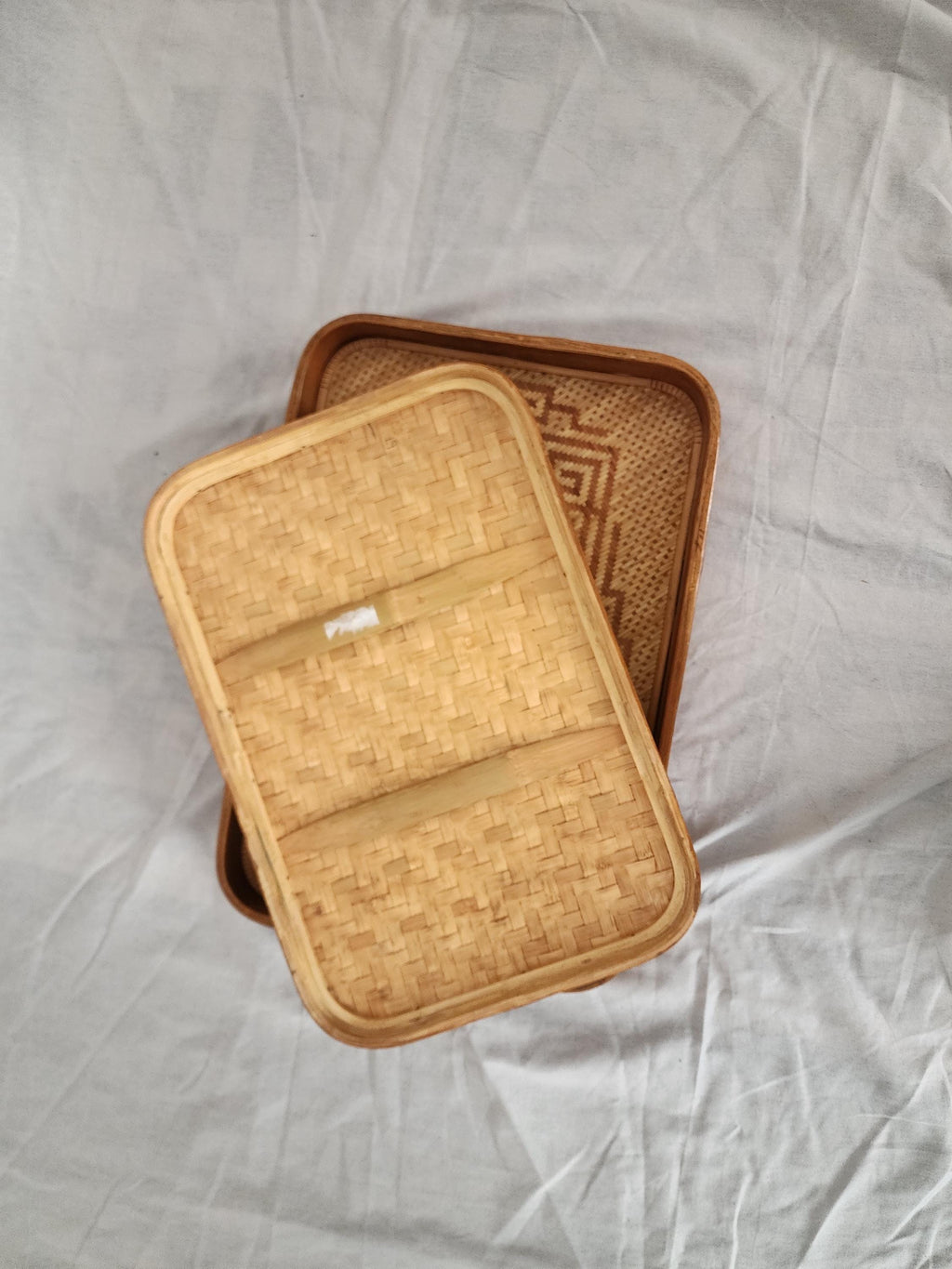 Vintage Bamboo Serving Tray Set of 2, Woven Rattan Rectangular Trays, Boho Entertaining Decor