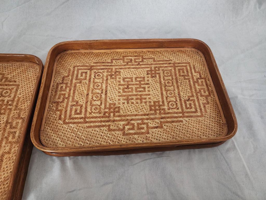 Vintage Bamboo Serving Tray Set of 2, Woven Rattan Rectangular Trays, Boho Entertaining Decor