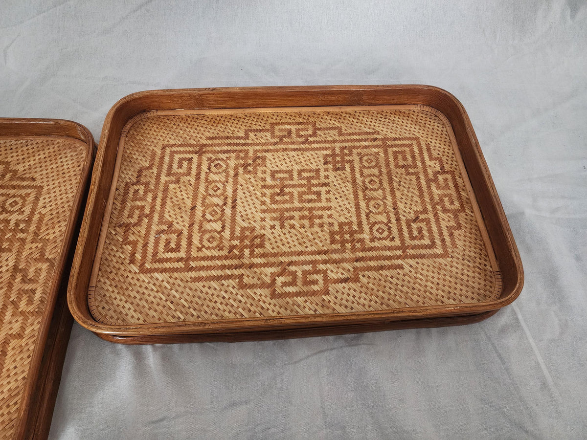 Vintage Bamboo Serving Tray Set of 2, Woven Rattan Rectangular Trays, Boho Entertaining Decor