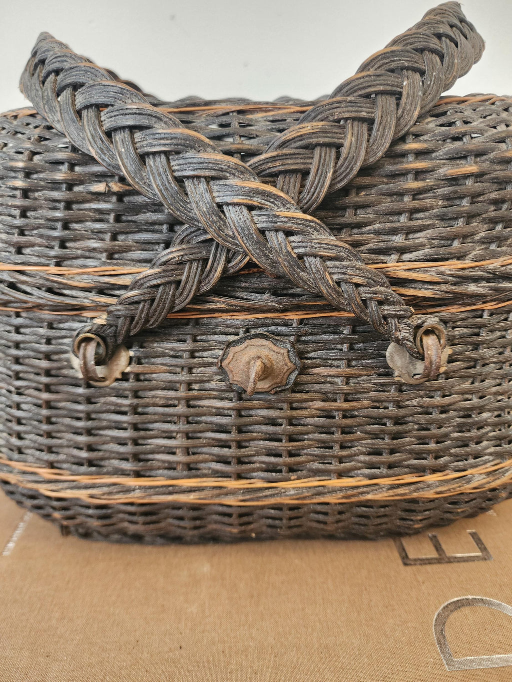 Antique French Bressan Wicker Basket, 19th Century Rustic Market Basket, Braided Handle Creel