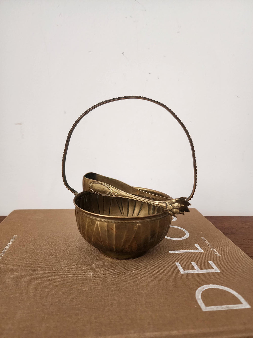Vintage Brass Sugar Bowl with Tongs, French Style Brass Basket, Hollywood Regency Table Decor