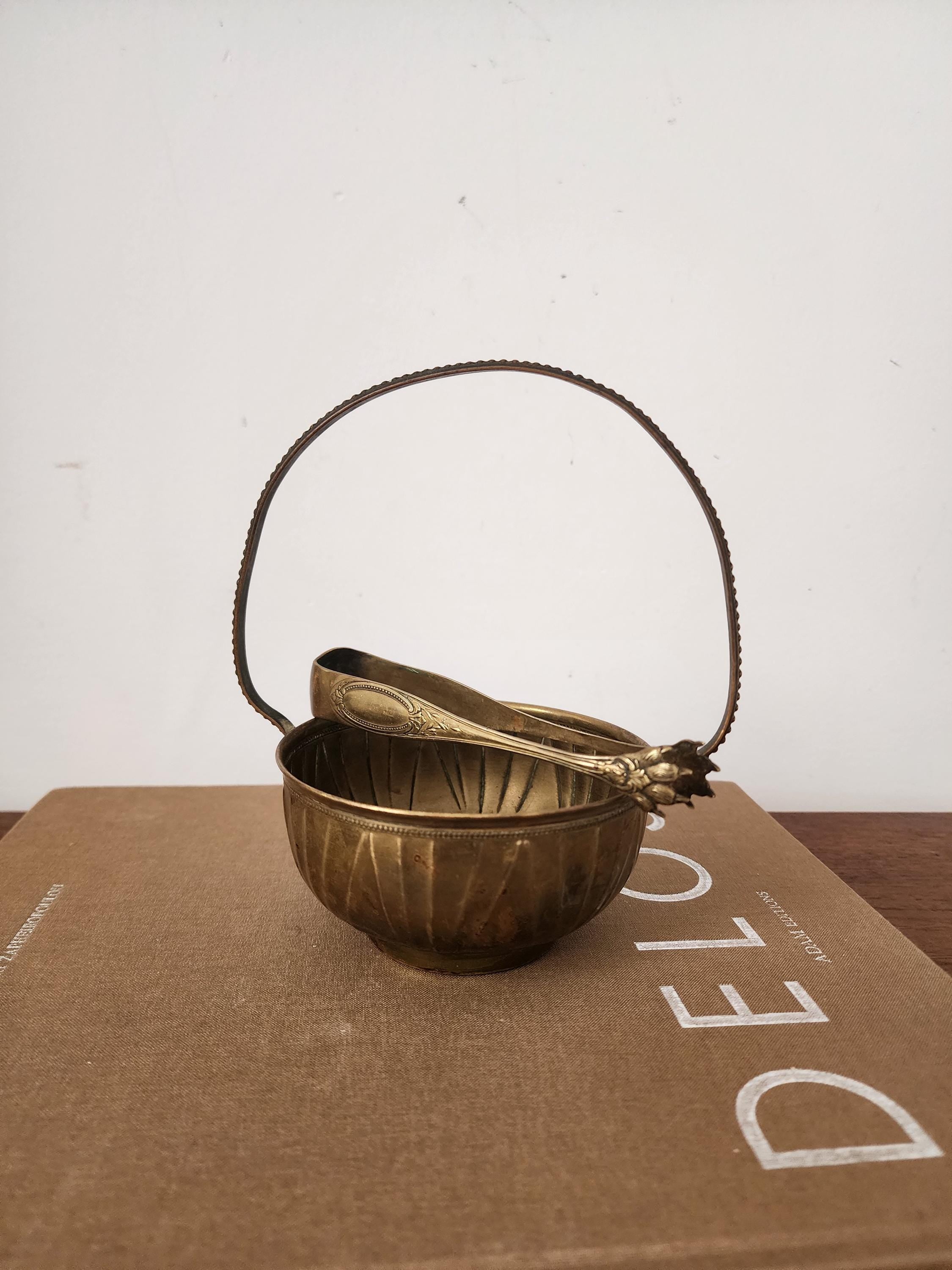 Vintage Brass Sugar Bowl with Tongs, French Style Brass Basket, Hollywood Regency Table Decor