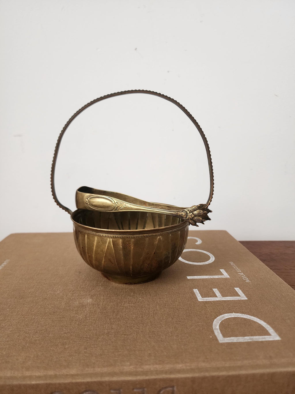 Vintage Brass Sugar Bowl with Tongs, French Style Brass Basket, Hollywood Regency Table Decor