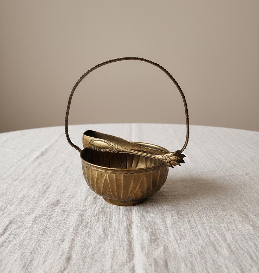 Vintage Brass Sugar Bowl with Tongs