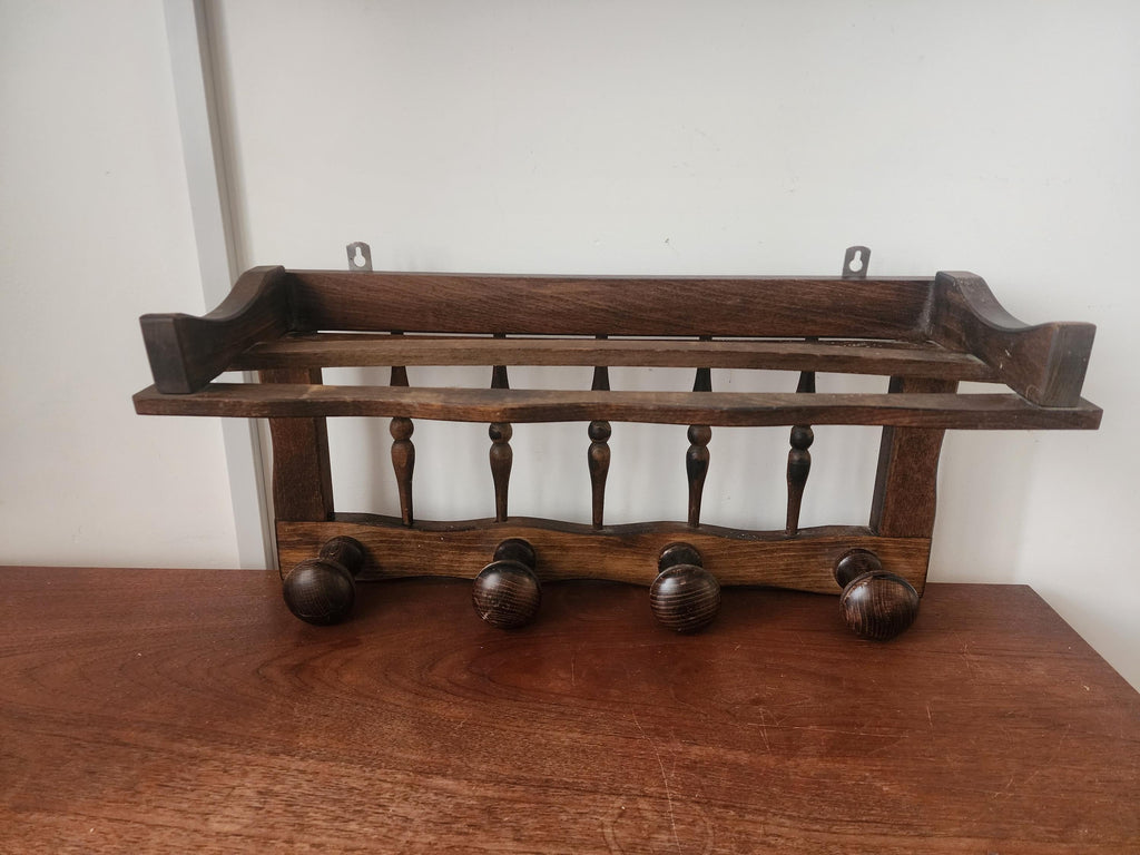Vintage Wooden Wall Shelf with Hooks, Rustic Coat Rack Shelf, Farmhouse Entryway Organizer