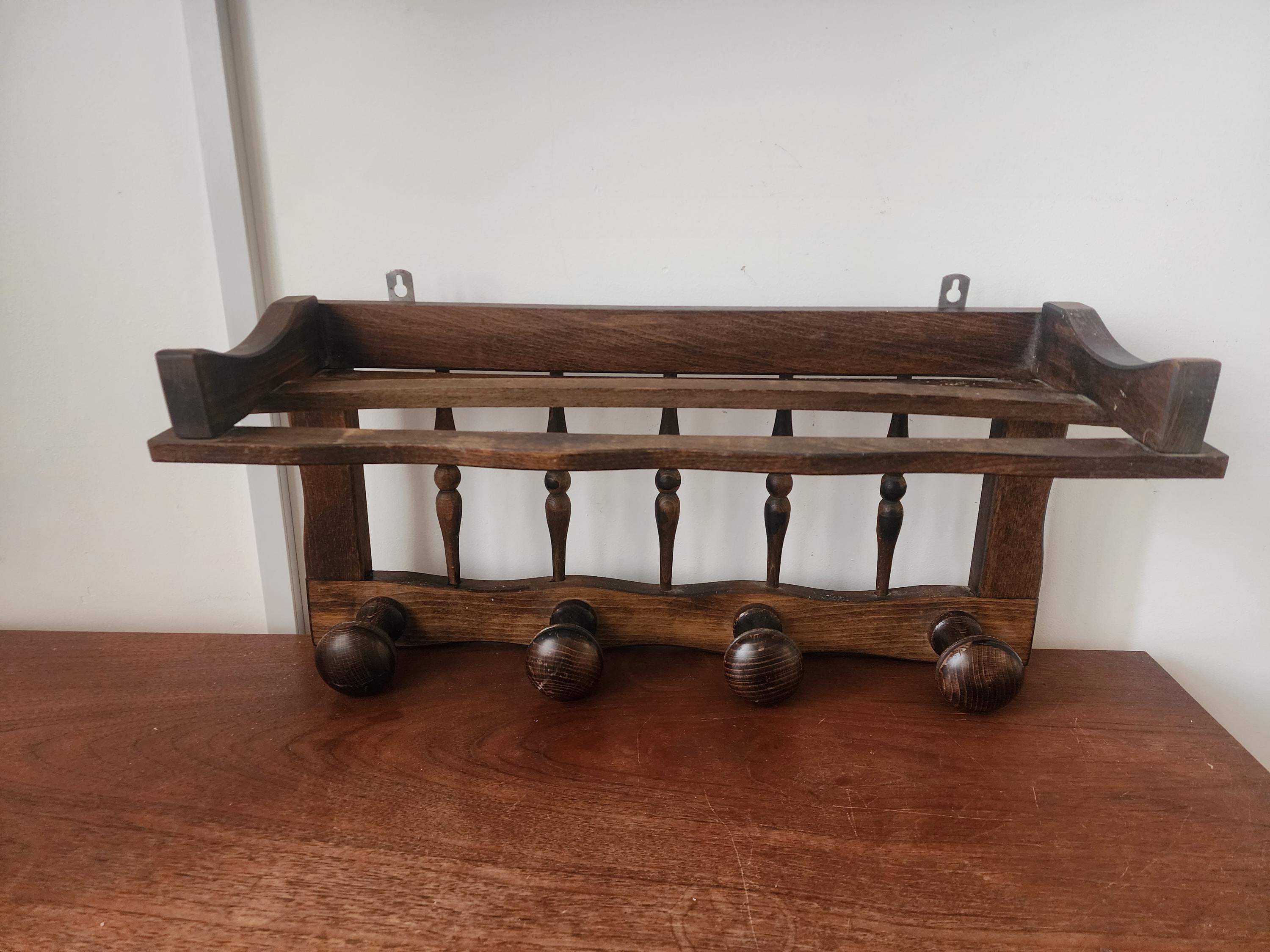 Vintage Wooden Wall Shelf with Hooks, Rustic Coat Rack Shelf, Farmhouse Entryway Organizer