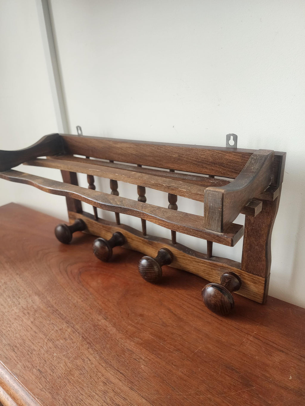 Vintage Wooden Wall Shelf with Hooks, Rustic Coat Rack Shelf, Farmhouse Entryway Organizer