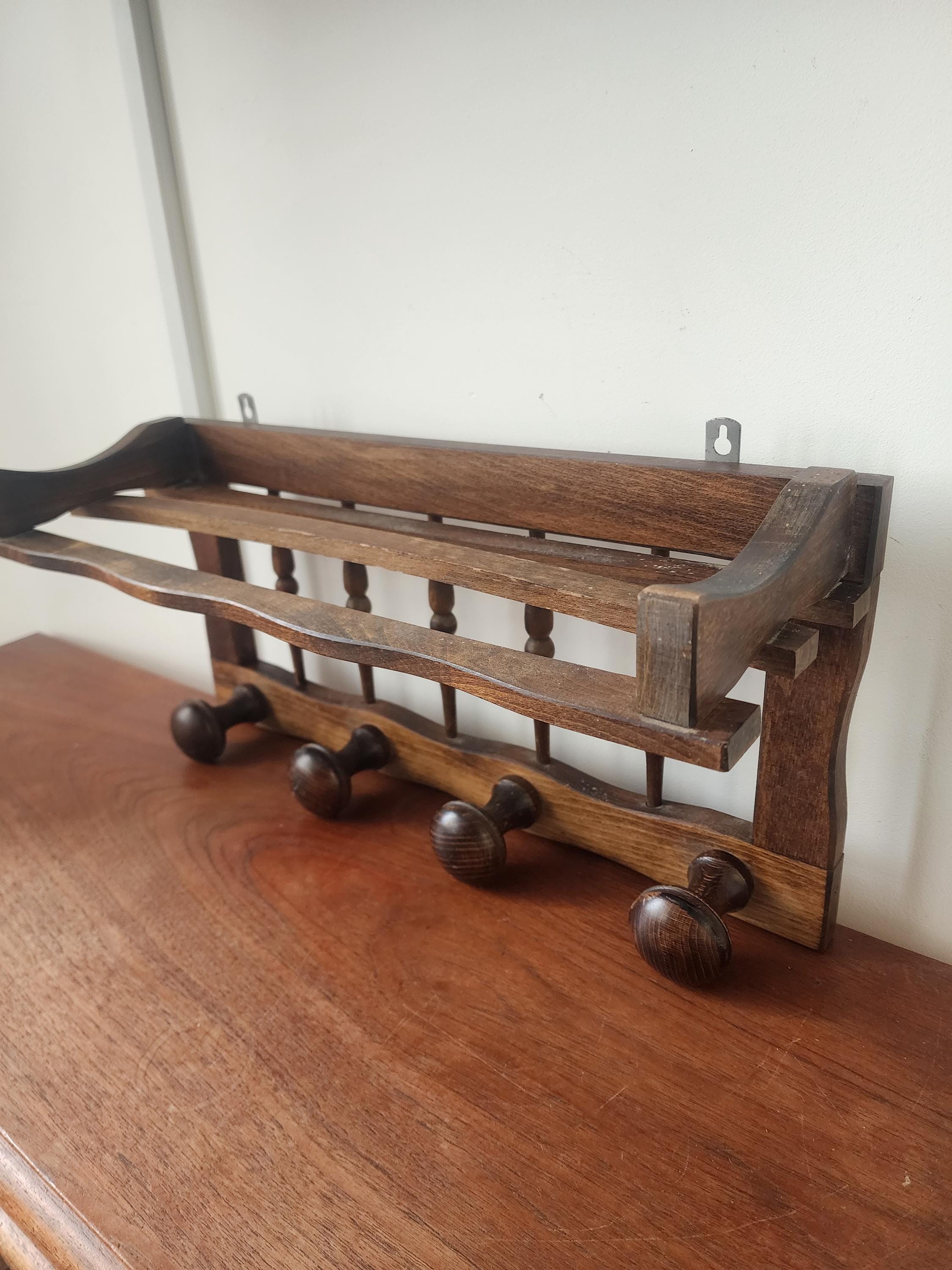 Vintage Wooden Wall Shelf with Hooks, Rustic Coat Rack Shelf, Farmhouse Entryway Organizer