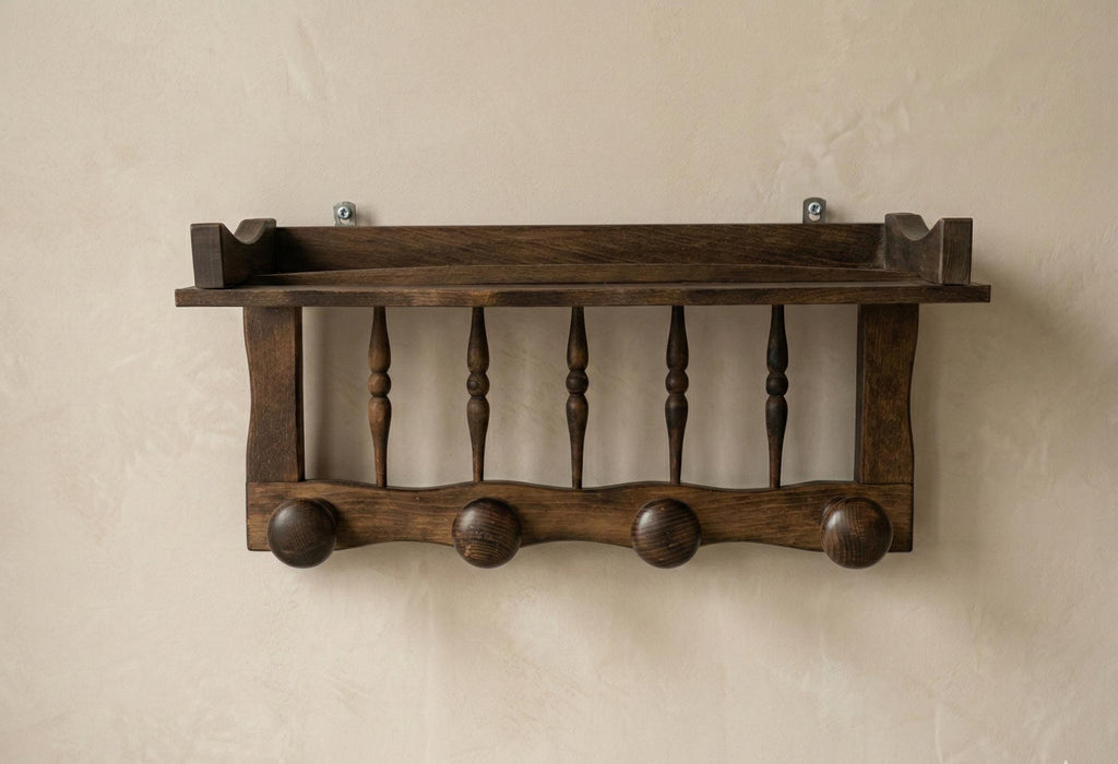 Vintage Wooden Wall Shelf with Hooks