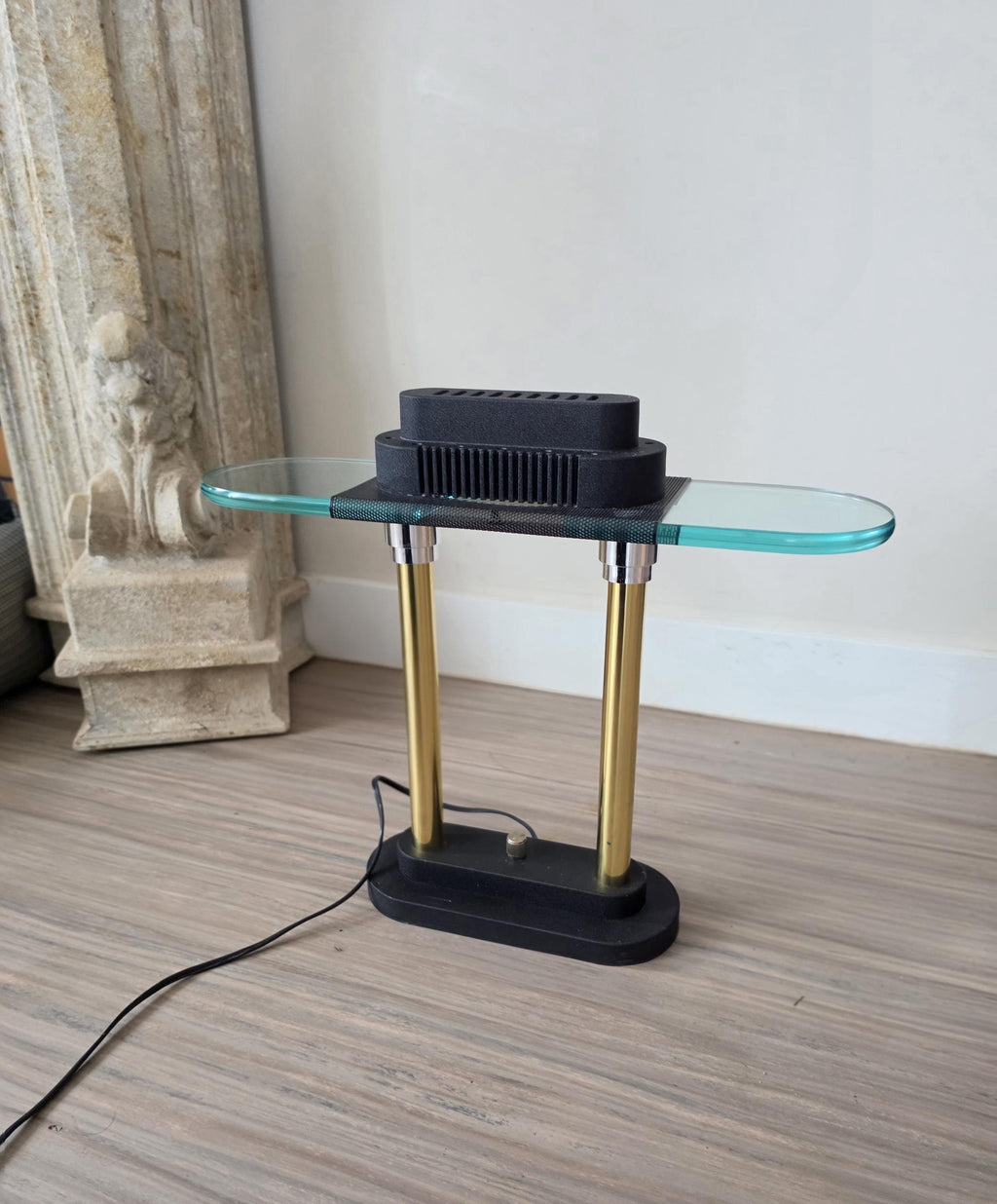 Vintage Robert Sonneman Desk Lamp Dimmable Postmodern Table Lamp Glass Shelf Brass Columns 1980s Memphis Style Lighting