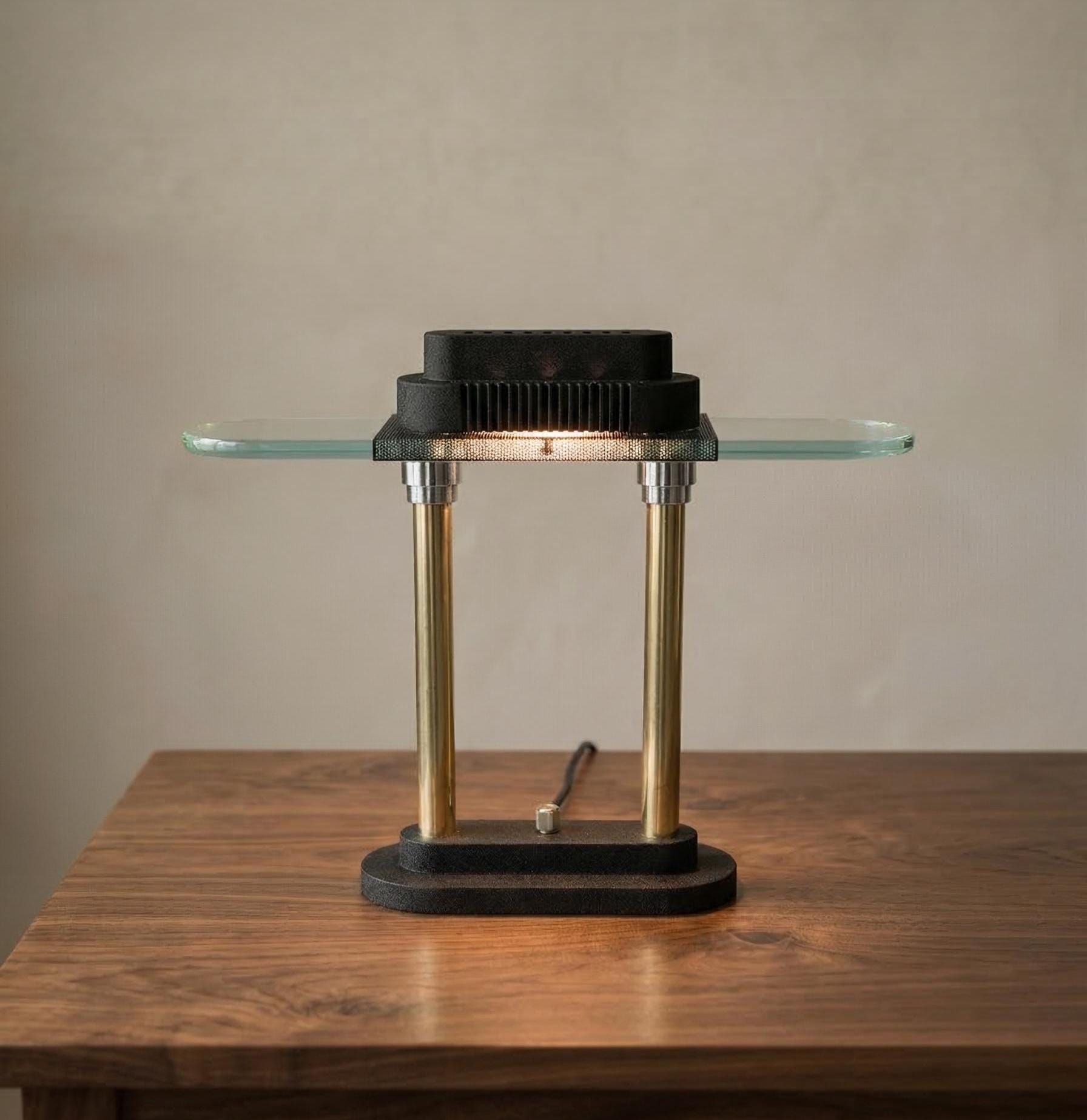 Vintage Robert Sonneman Desk Lamp Dimmable Postmodern Table Lamp Glass Shelf Brass Columns 1980s Memphis Style Lighting