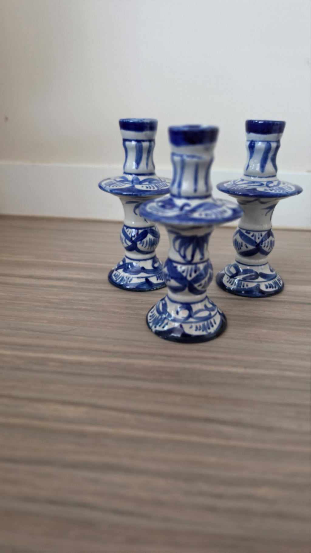 Vintage Hand Painted Blue White Porcelain Candlestick Holders Set of 3 Delft Style Candle Holders