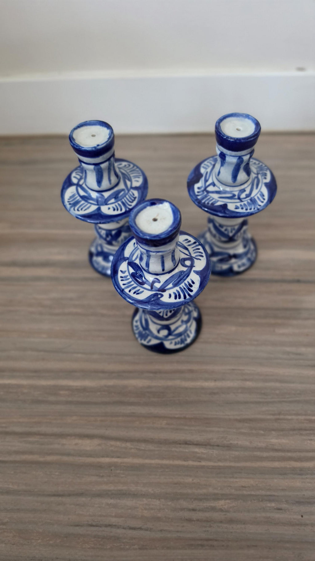 Vintage Hand Painted Blue White Porcelain Candlestick Holders Set of 3 Delft Style Candle Holders