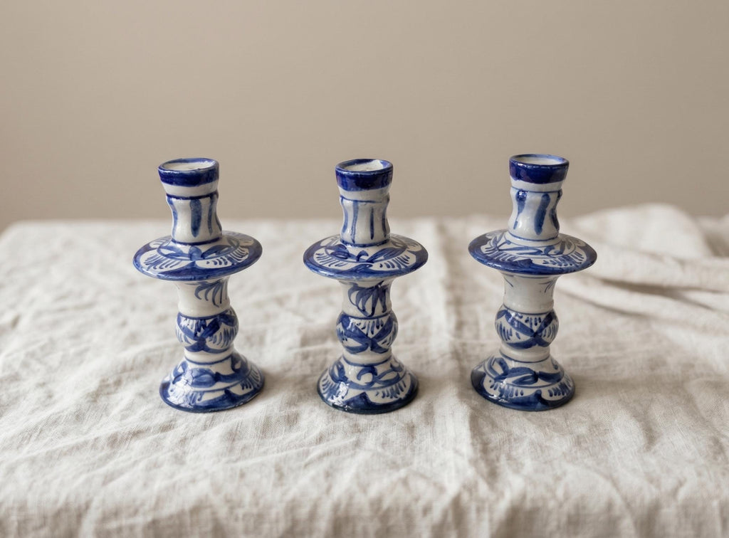 Vintage Hand Painted Blue White Porcelain Candlestick Holders Set of 3 Delft Style Candle Holders