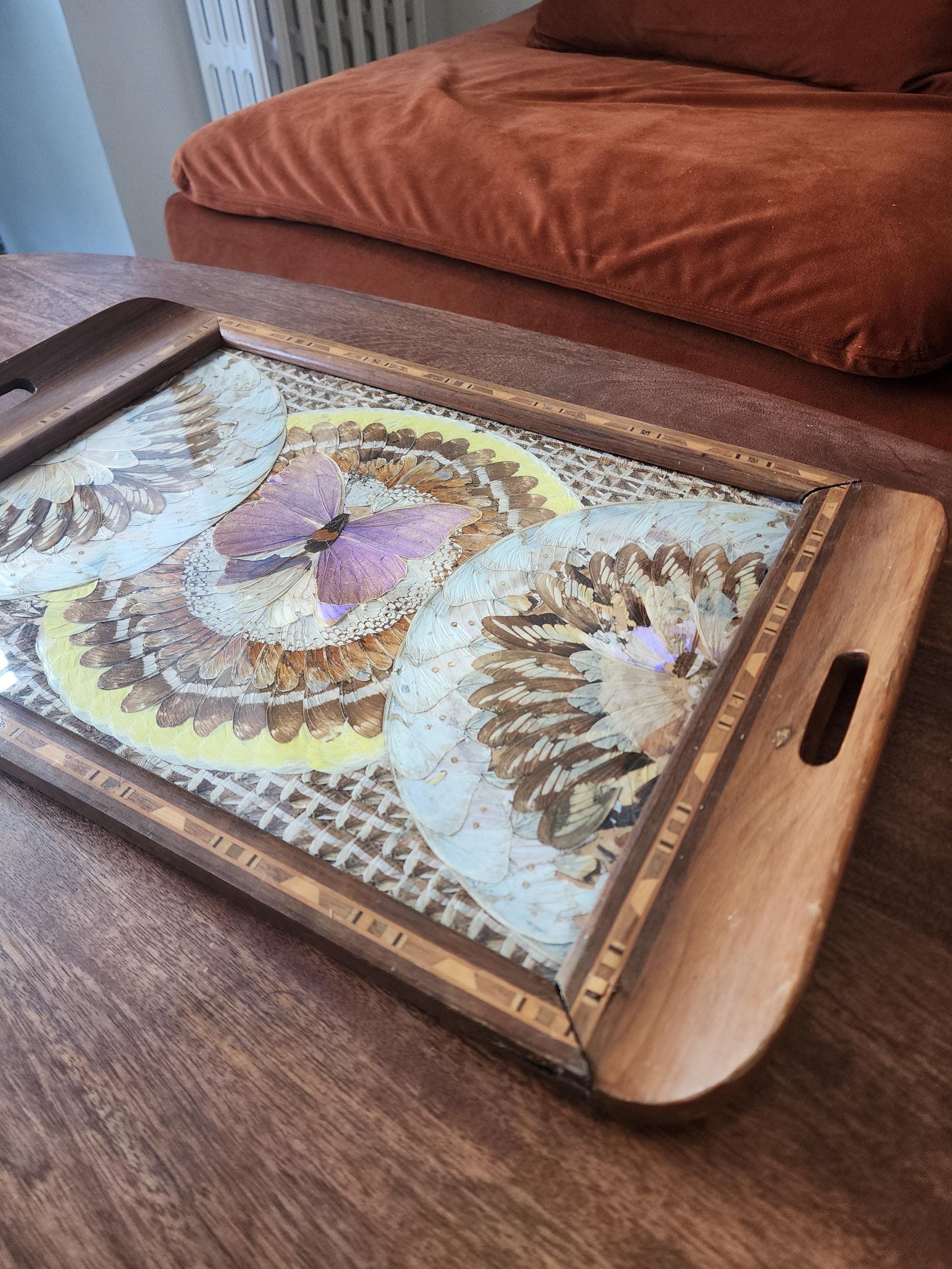 RARE Vintage Butterfly Wing Tray | Vintage Brazilian Butterfly Wing Tray | Real Butterfly Mosaic Under Glass | Mid Century Wood Serving Tray