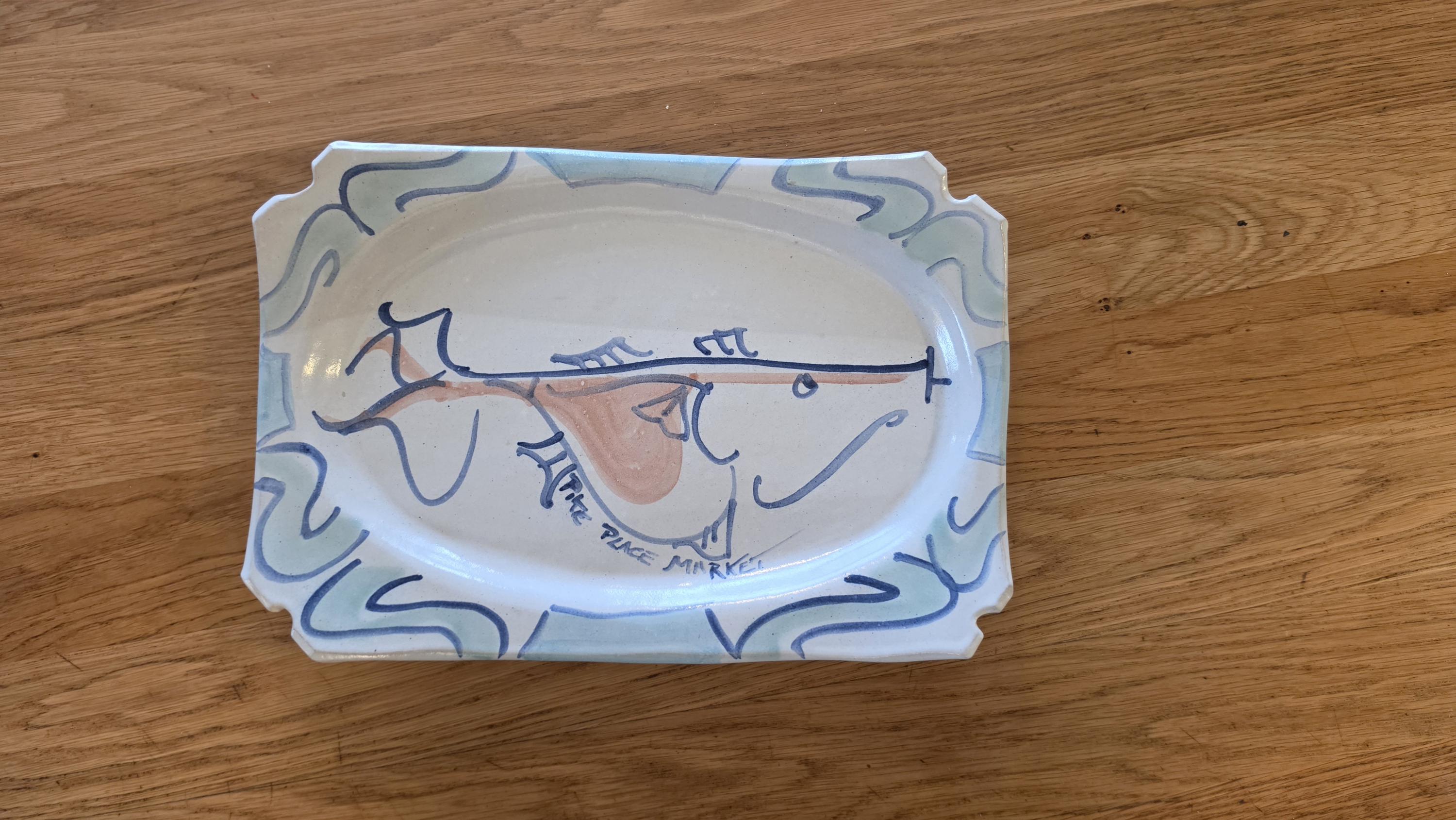 Lorna Smith Pike Place Market Studio Pottery Platter Signed Hand Painted Abstract Ceramic Art Tray