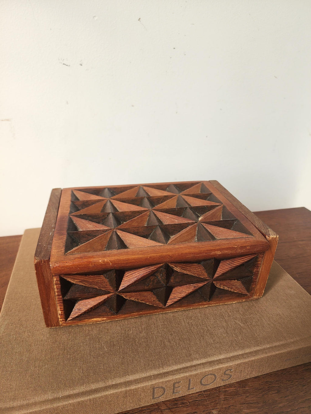 Vintage Hand Carved Geometric Wood Box, Mid Century Wooden Trinket Box, Folk Art Jewelry Box, Carved Wood Keepsake Box, Decorative Desk Box