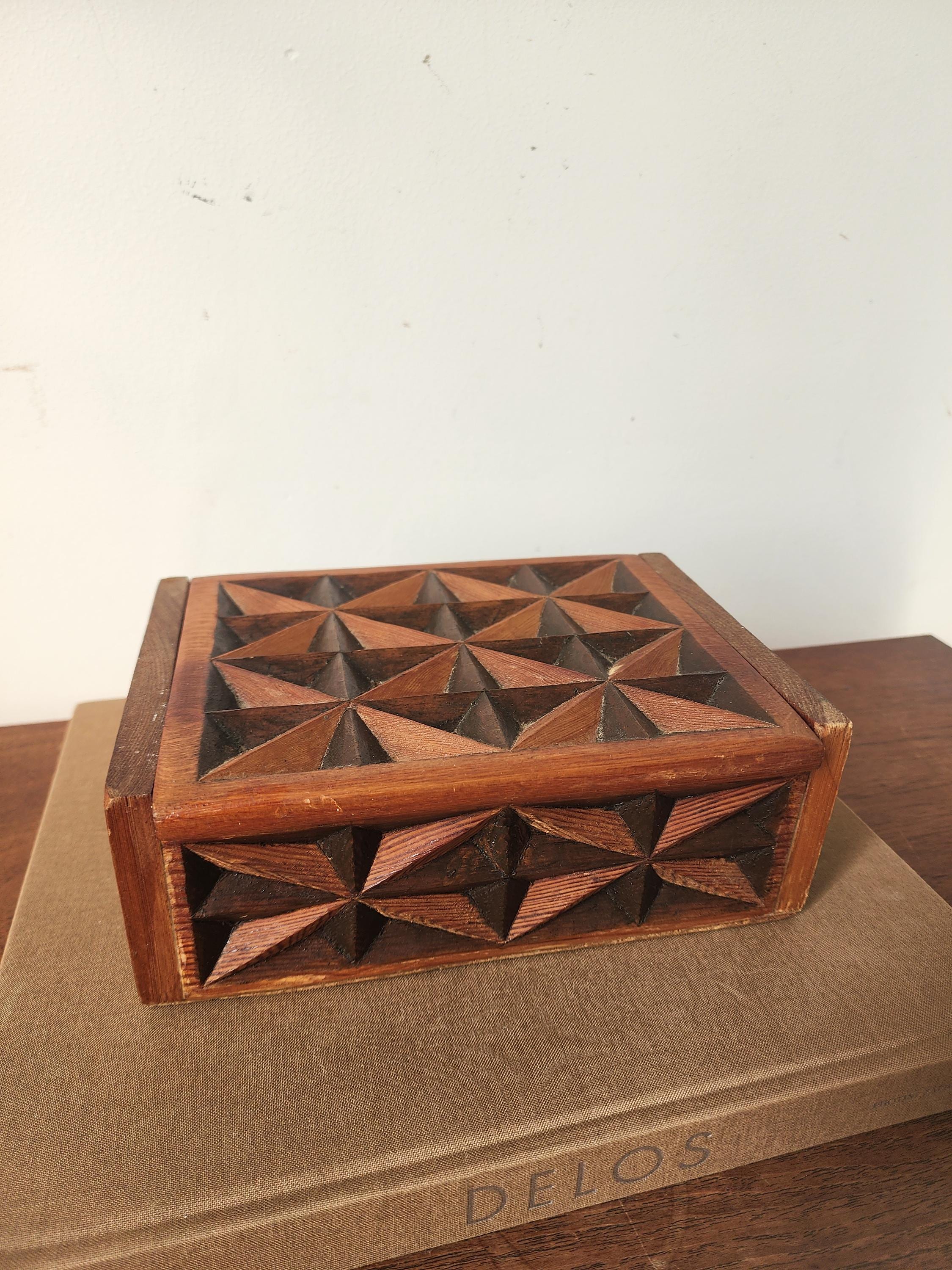 Vintage Hand Carved Geometric Wood Box, Mid Century Wooden Trinket Box, Folk Art Jewelry Box, Carved Wood Keepsake Box, Decorative Desk Box