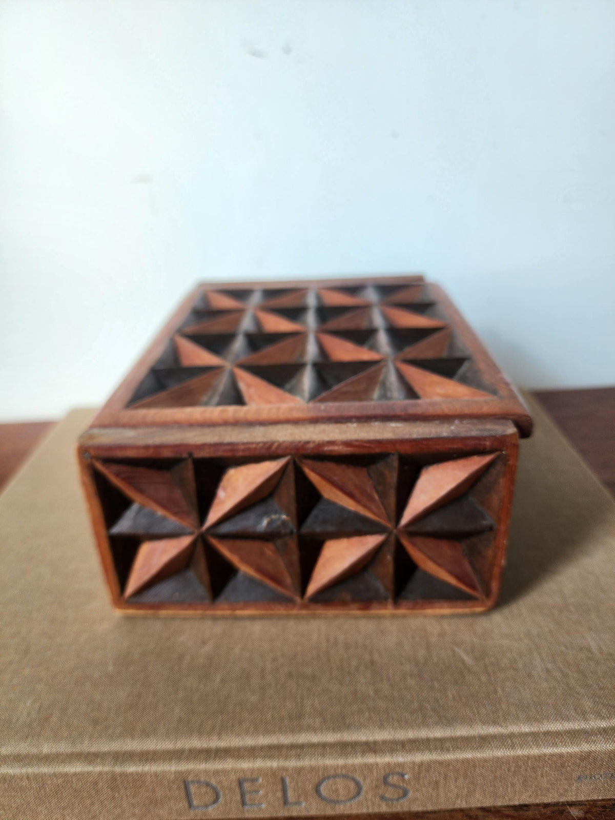 Vintage Hand Carved Geometric Wood Box, Mid Century Wooden Trinket Box, Folk Art Jewelry Box, Carved Wood Keepsake Box, Decorative Desk Box