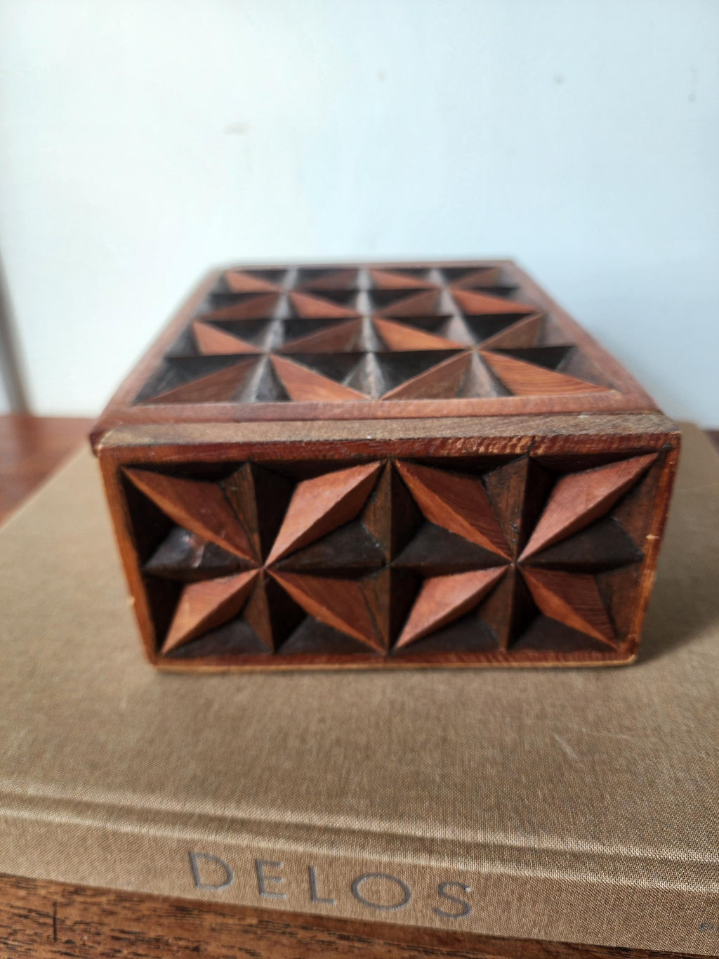 Vintage Hand Carved Geometric Wood Box, Mid Century Wooden Trinket Box, Folk Art Jewelry Box, Carved Wood Keepsake Box, Decorative Desk Box