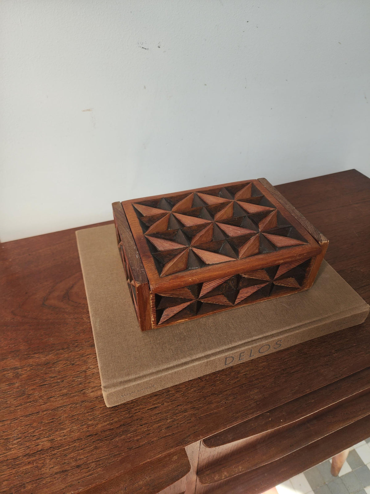 Vintage Hand Carved Geometric Wood Box, Mid Century Wooden Trinket Box, Folk Art Jewelry Box, Carved Wood Keepsake Box, Decorative Desk Box