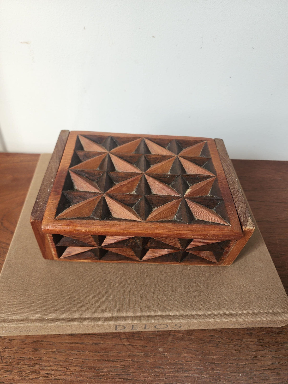 Vintage Hand Carved Geometric Wood Box, Mid Century Wooden Trinket Box, Folk Art Jewelry Box, Carved Wood Keepsake Box, Decorative Desk Box