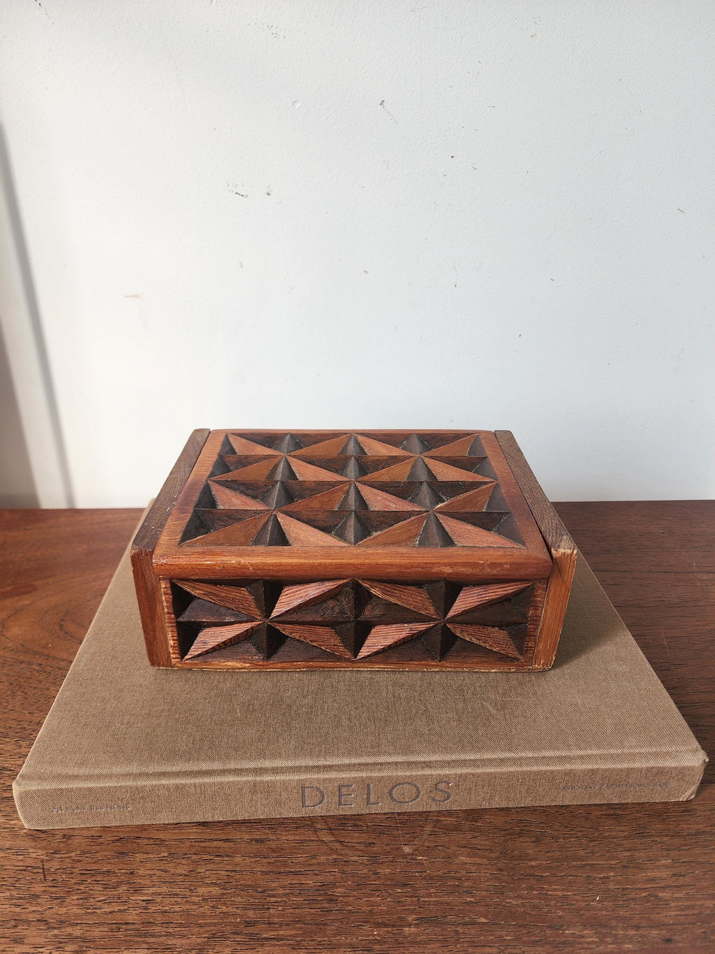 Vintage Hand Carved Geometric Wood Box, Mid Century Wooden Trinket Box, Folk Art Jewelry Box, Carved Wood Keepsake Box, Decorative Desk Box