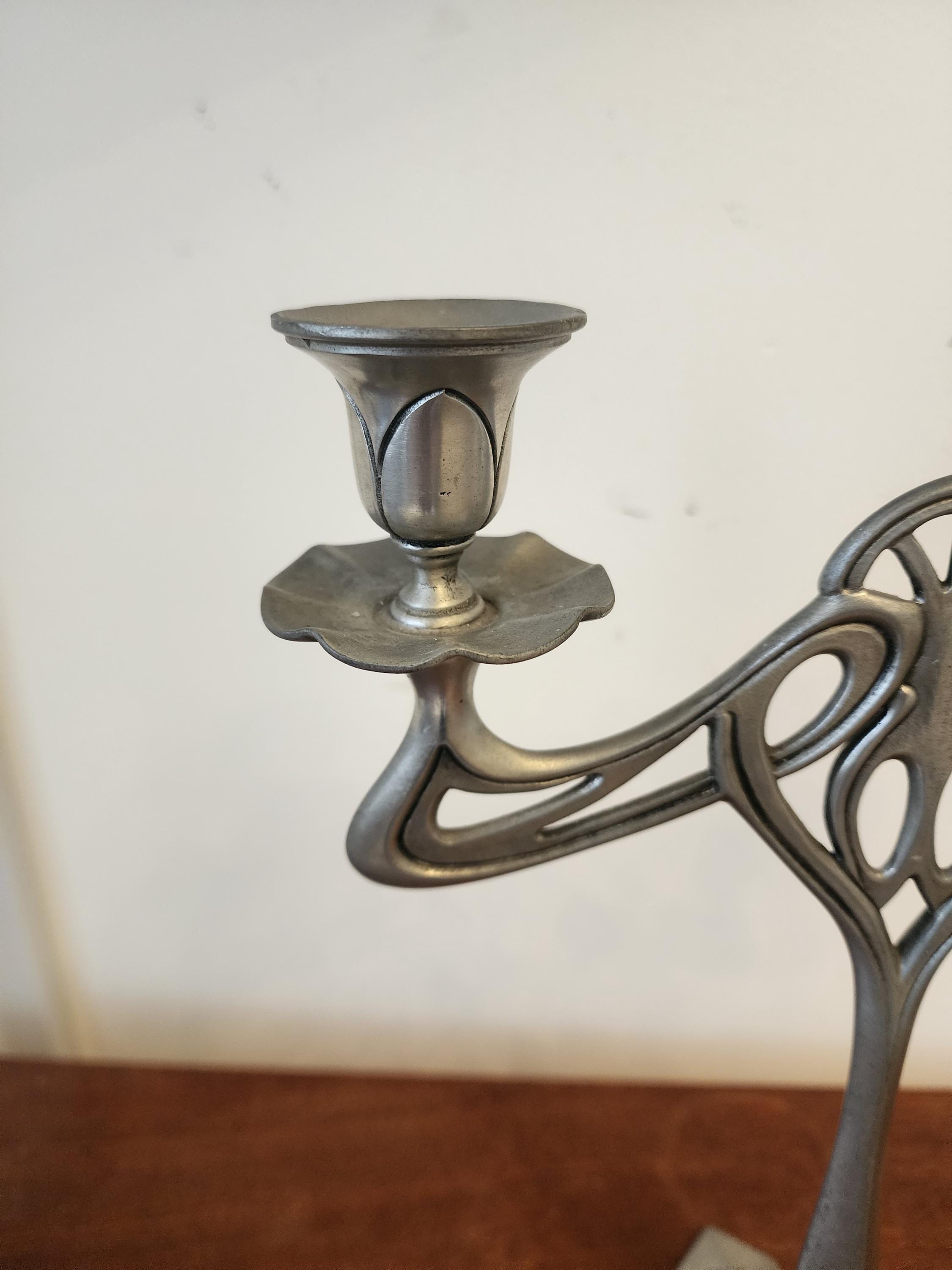 Pair Art Nouveau Pewter Candelabra Candle Holders, Vintage Two Arm Candlesticks Set, Decorative Gothic Revival Table Candle Holders