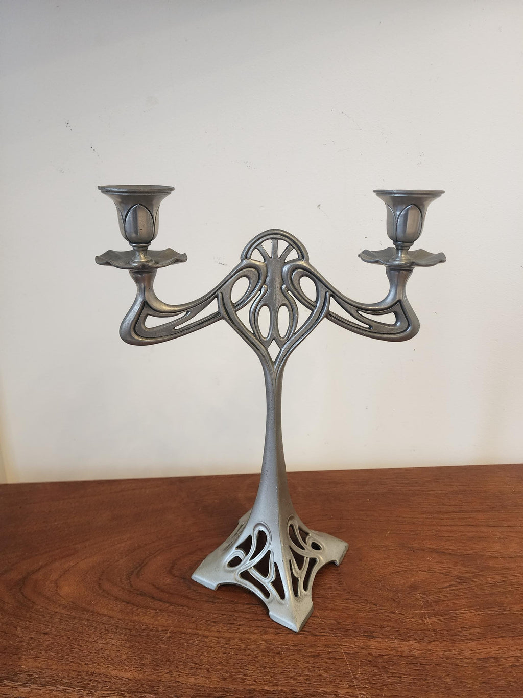 Pair Art Nouveau Pewter Candelabra Candle Holders, Vintage Two Arm Candlesticks Set, Decorative Gothic Revival Table Candle Holders