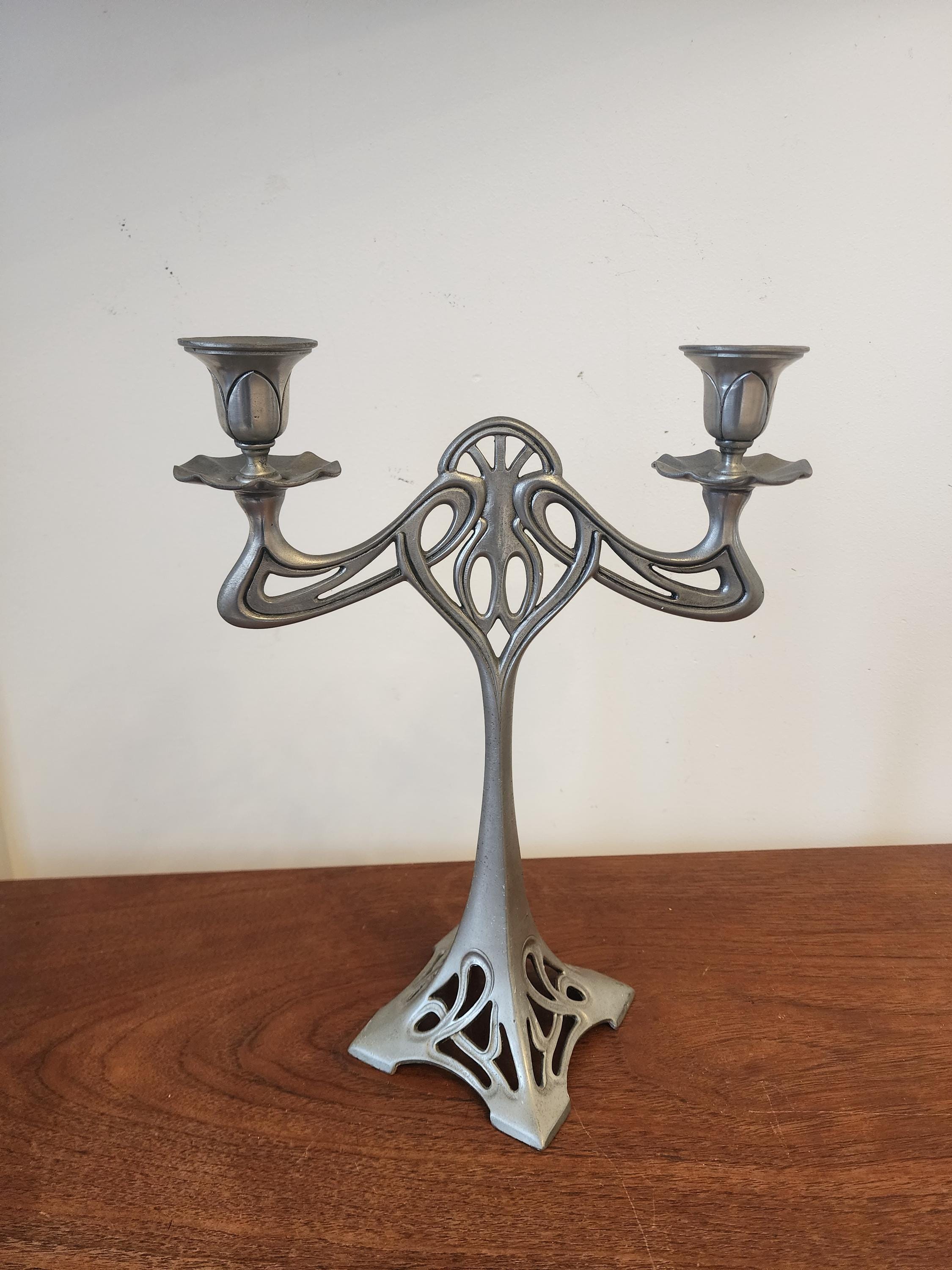 Pair Art Nouveau Pewter Candelabra Candle Holders, Vintage Two Arm Candlesticks Set, Decorative Gothic Revival Table Candle Holders