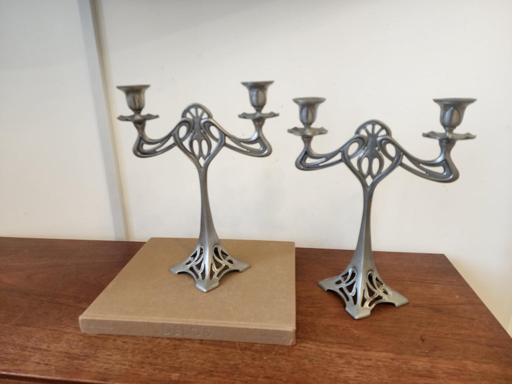 Pair Art Nouveau Pewter Candelabra Candle Holders, Vintage Two Arm Candlesticks Set, Decorative Gothic Revival Table Candle Holders