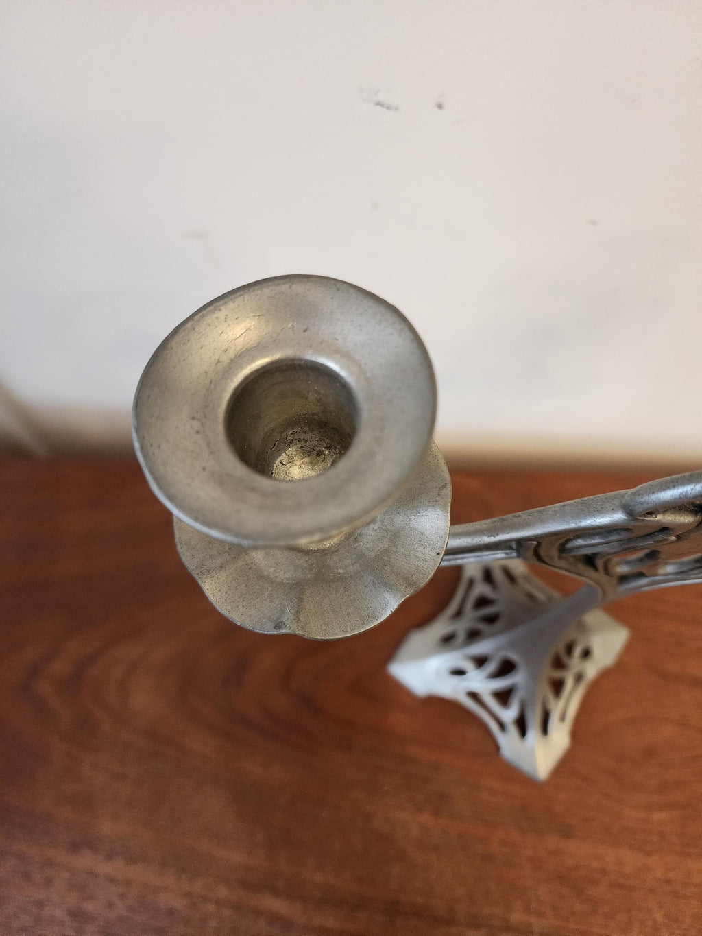 Pair Art Nouveau Pewter Candelabra Candle Holders, Vintage Two Arm Candlesticks Set, Decorative Gothic Revival Table Candle Holders