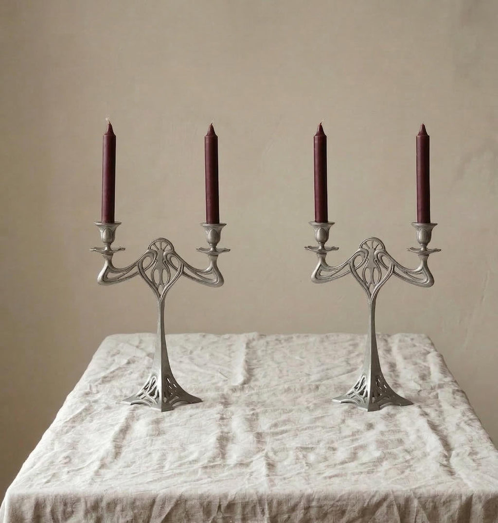 Vintage Pair Art Nouveau Pewter Candelabra Candle Holders