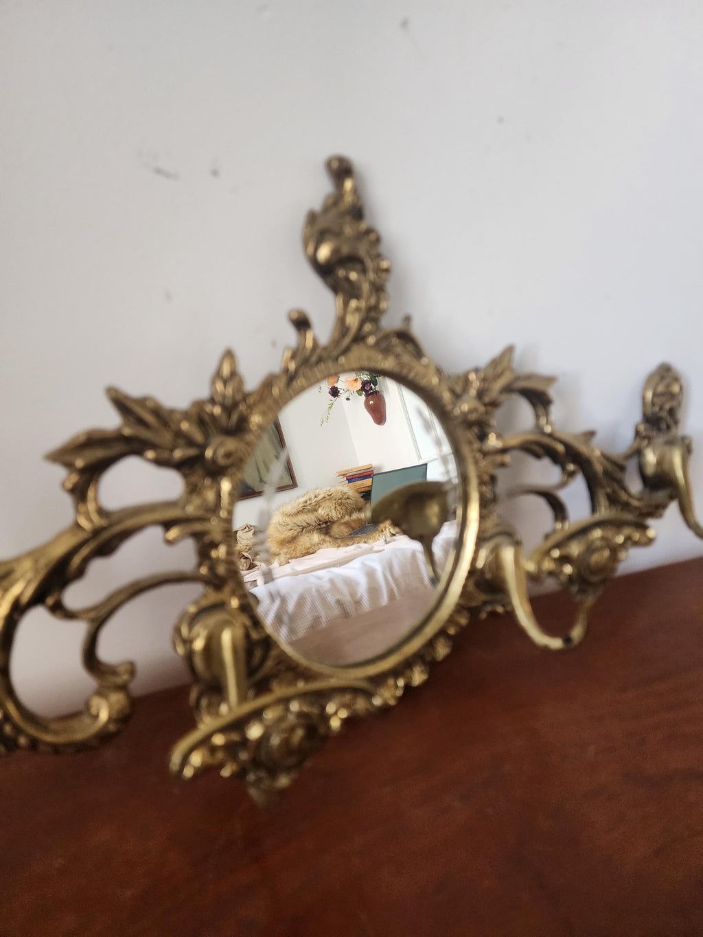 Vintage Ornate Wall Mirror with Hooks, Baroque Style Gold Wall Mirror Rack, Decorative Coat Key Holder Mirror, Hollywood Regency Wall Decor