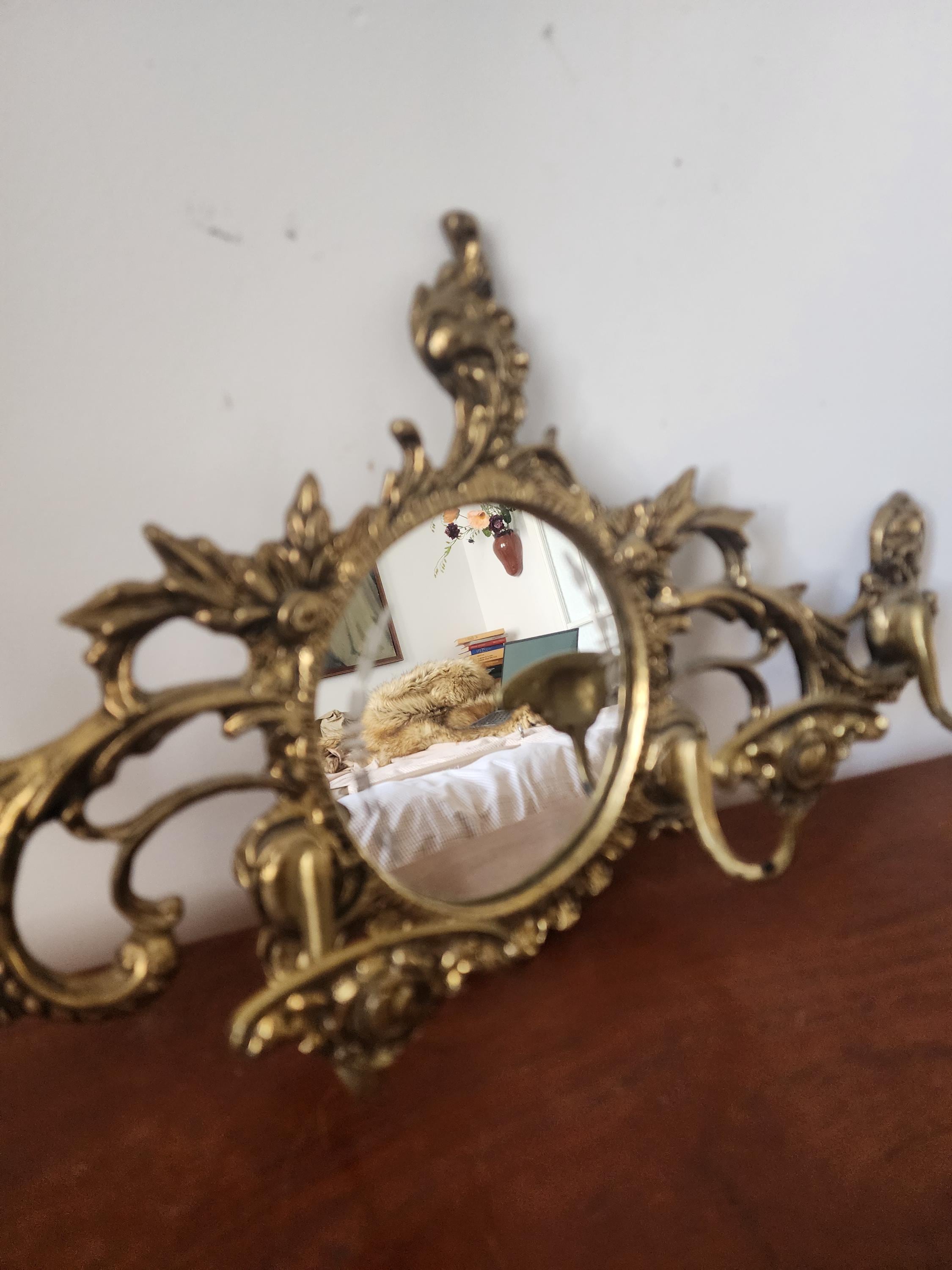 Vintage Ornate Wall Mirror with Hooks, Baroque Style Gold Wall Mirror Rack, Decorative Coat Key Holder Mirror, Hollywood Regency Wall Decor