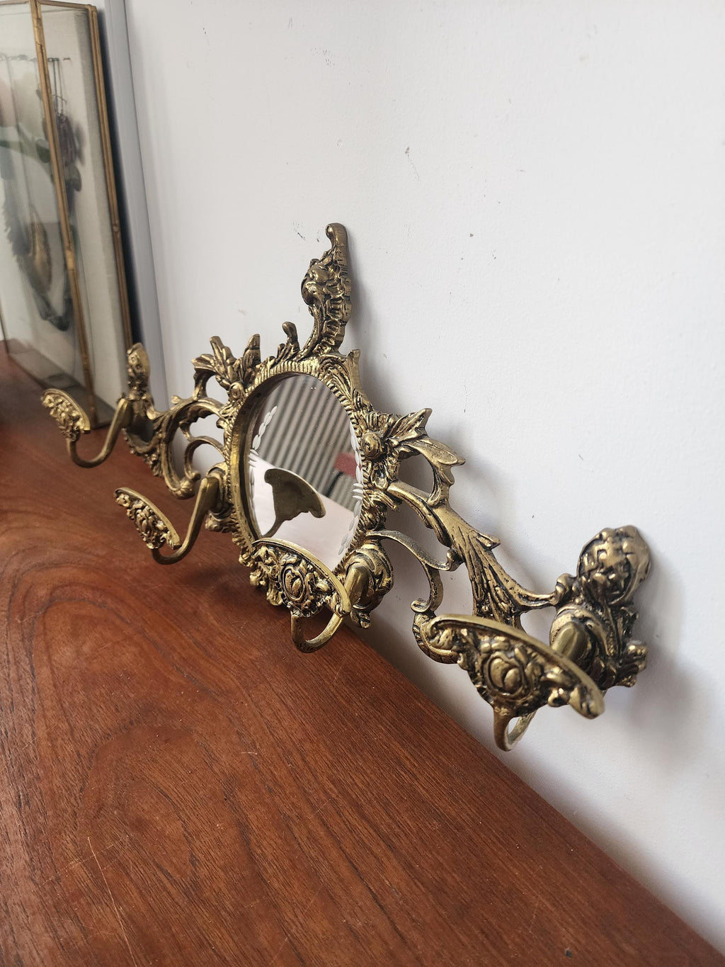 Vintage Ornate Wall Mirror with Hooks, Baroque Style Gold Wall Mirror Rack, Decorative Coat Key Holder Mirror, Hollywood Regency Wall Decor