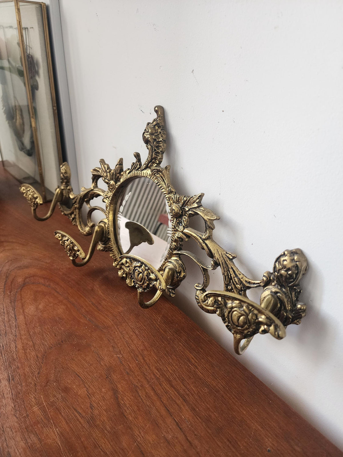 Vintage Ornate Wall Mirror with Hooks, Baroque Style Gold Wall Mirror Rack, Decorative Coat Key Holder Mirror, Hollywood Regency Wall Decor
