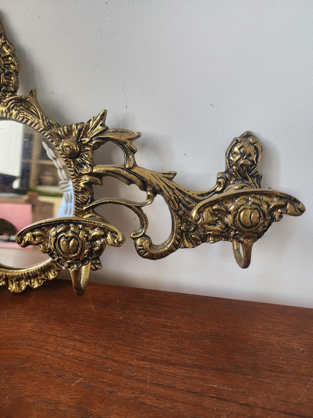 Vintage Ornate Wall Mirror with Hooks, Baroque Style Gold Wall Mirror Rack, Decorative Coat Key Holder Mirror, Hollywood Regency Wall Decor