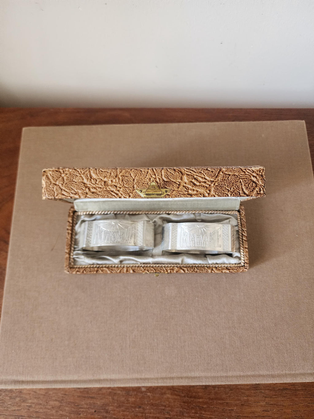 Vintage Monsieur Madame Napkin Rings with Box, French Silver Tone Napkin Holders Set, Romantic Table Setting, Wedding Table Decor