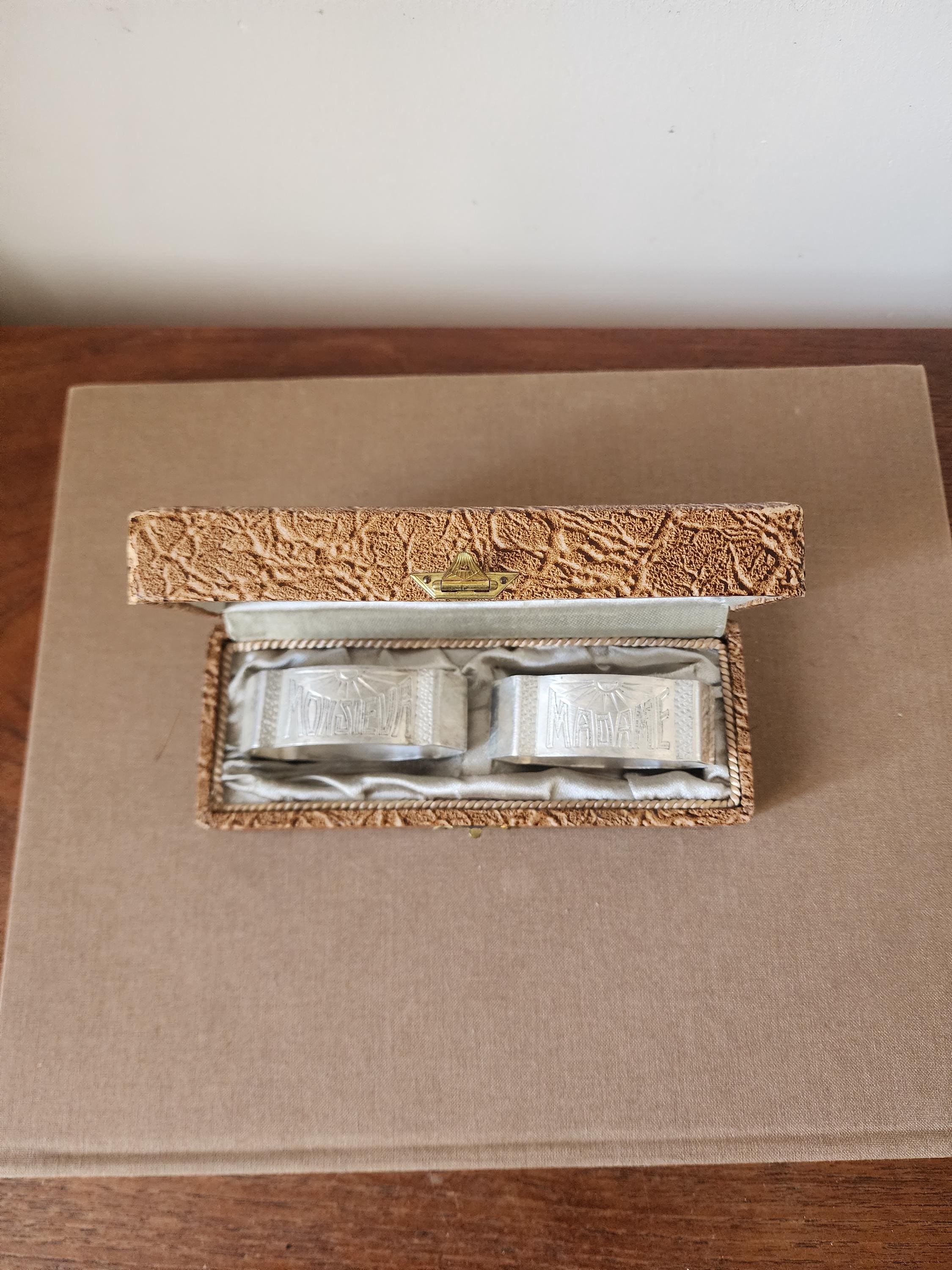 Vintage Monsieur Madame Napkin Rings with Box, French Silver Tone Napkin Holders Set, Romantic Table Setting, Wedding Table Decor